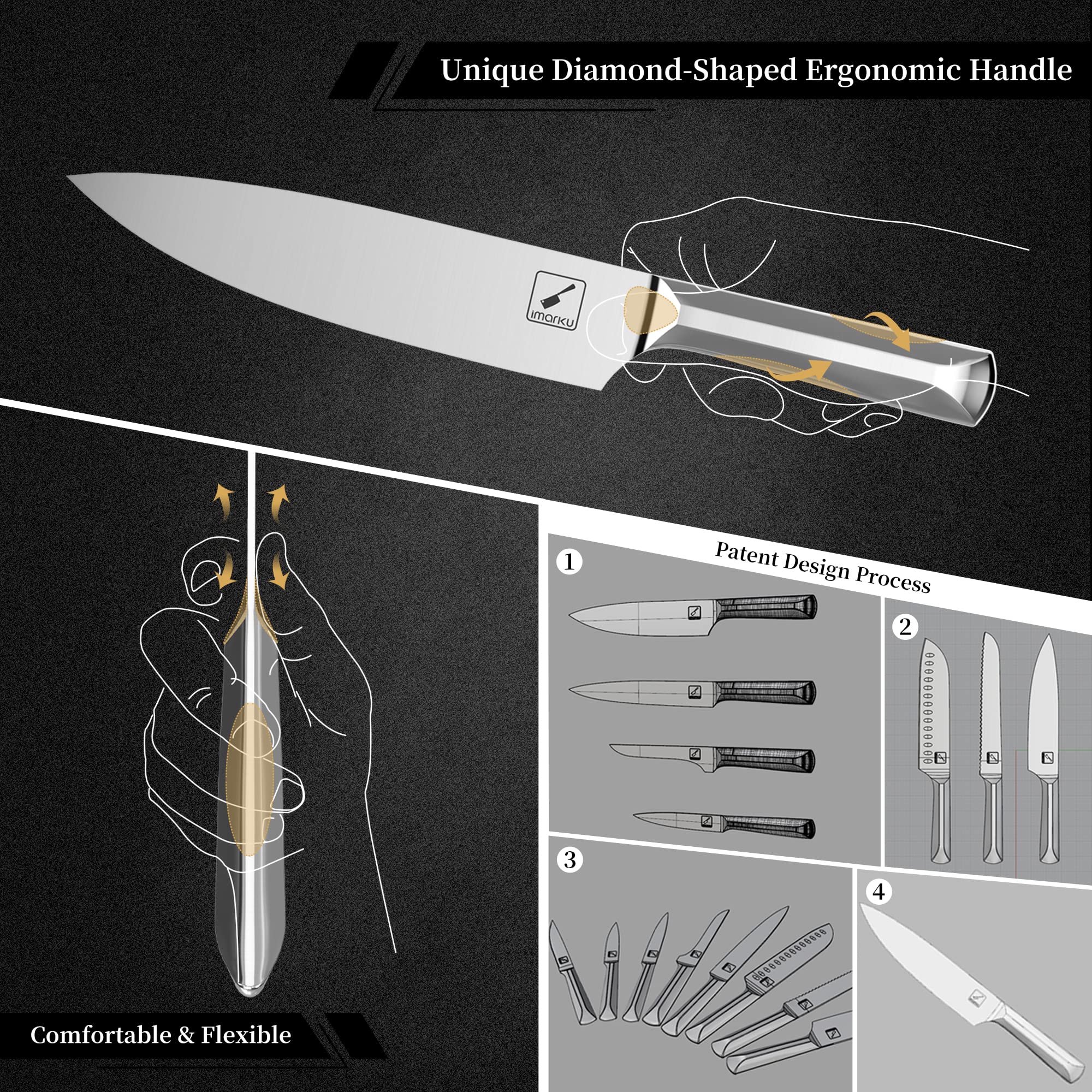imarku Knife Set, 16 Pcs Kitchen Knife Set with Block, Ultra Sharp Stainless Steel Chef Knife Set, Dishwasher Safe Knife Block Set with One-piece Ergonomic Handle, Christmas Gifts for Women and Men