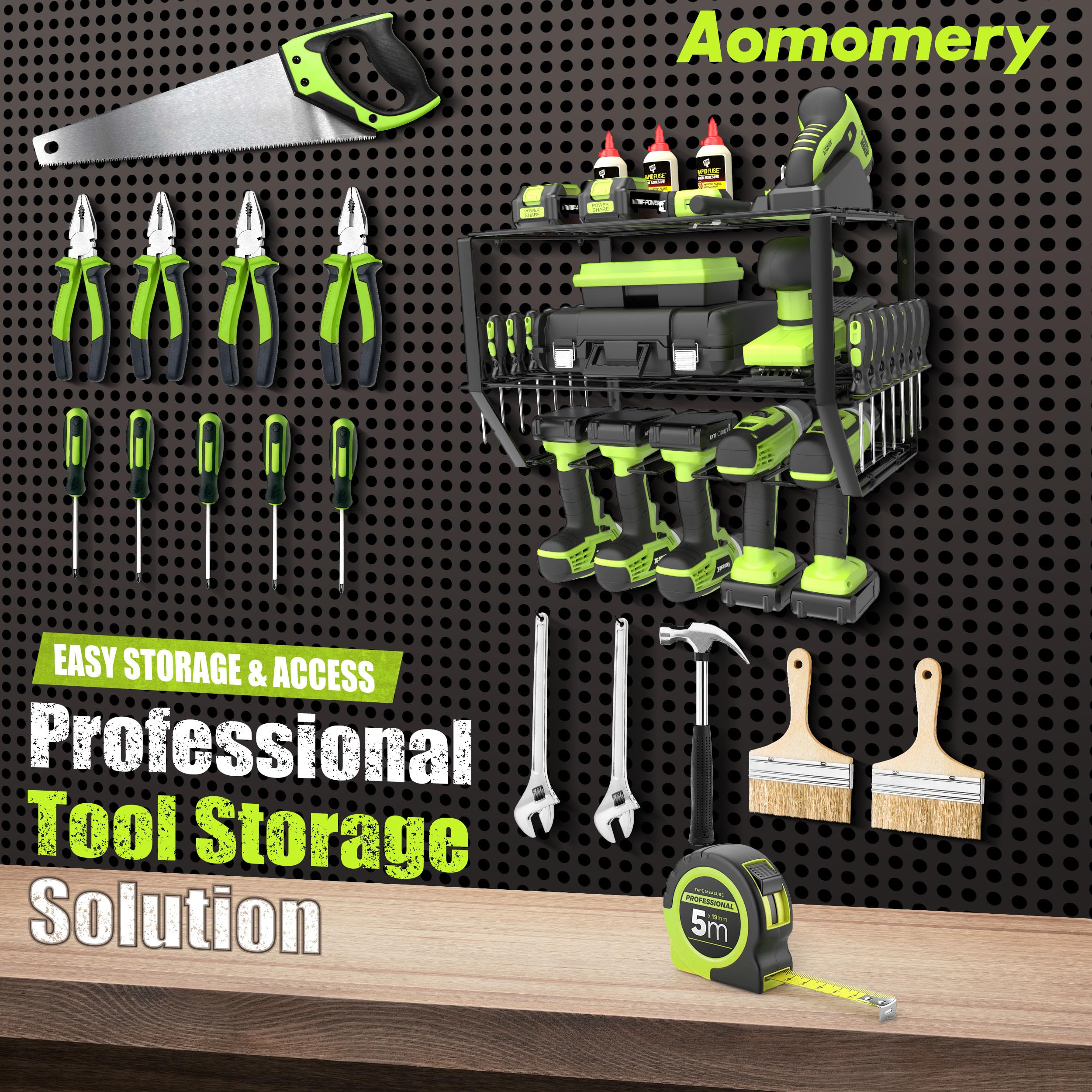 Aomomery-Power Tool Organizer-5 Drill Holder Wall Mount,3 Layer Heavy Duty Metal Power Tool Storage Rack,Garage Tool Organizer and Storage with Screwdriver Holder/Plier Holder/Hammer Holder