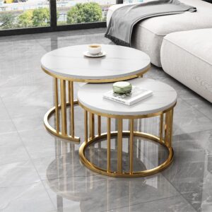 QLJJSD Round Nesting Coffee Table Set of 2 Modern Cocktail Table with Metal Frame for Living Room Small Spaces White and Gold(Desktop Size 28"+20")