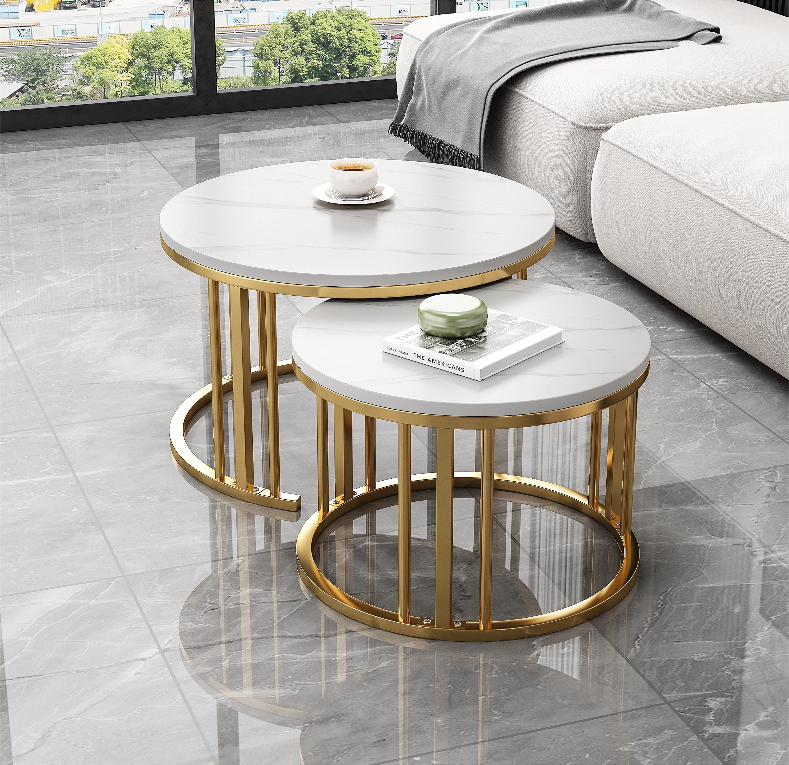 QLJJSD Round Nesting Coffee Table Set of 2 Modern Cocktail Table with Metal Frame for Living Room Small Spaces White and Gold(Desktop Size 28"+20")