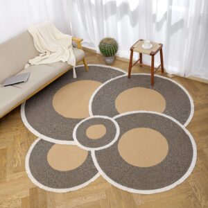 MVSUTA Boho Tassel Tan and Black 24" Round Washable Chic Bohemian Indoor Hand Woven Cotton Cord Circle Carpet for Living Room Soft Area Rugs,Small Size 2' Round