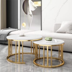 QLJJSD Round Nesting Coffee Table Set of 2 Modern Cocktail Table with Metal Frame for Living Room Small Spaces White and Gold(Desktop Size 28"+20")