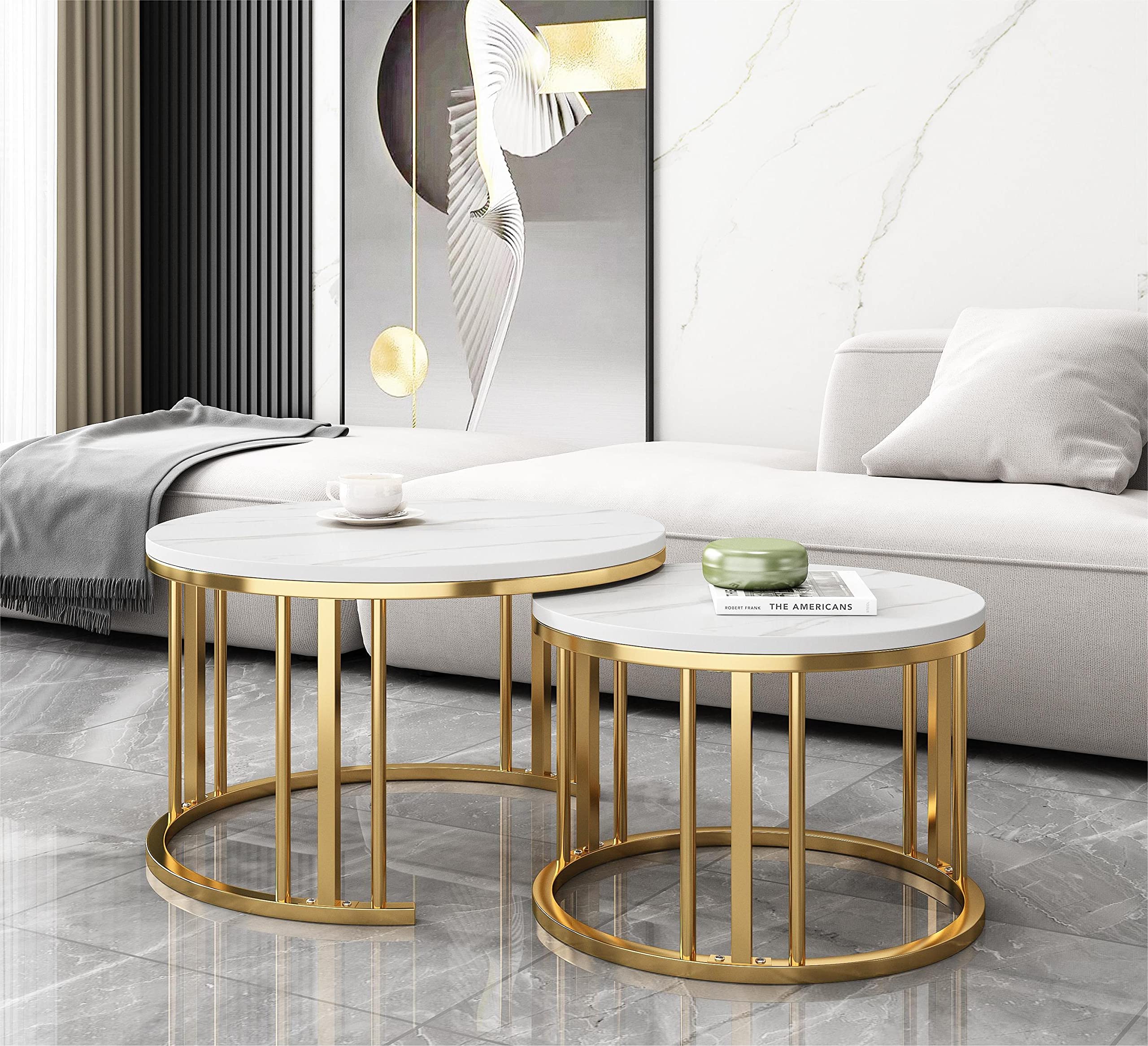 QLJJSD Round Nesting Coffee Table Set of 2 Modern Cocktail Table with Metal Frame for Living Room Small Spaces White and Gold(Desktop Size 28"+20")