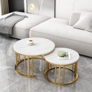 QLJJSD Round Nesting Coffee Table Set of 2 Modern Cocktail Table with Metal Frame for Living Room Small Spaces White and Gold(Desktop Size 28"+20")