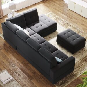 P PURLOVE Modern Sectional Sofa, Reversible Sectional Sofa with Storage Ottoman, L Shaped Couch Set with Reversible Chaise and Two Cup Holders, for Living Room Apartment, Black