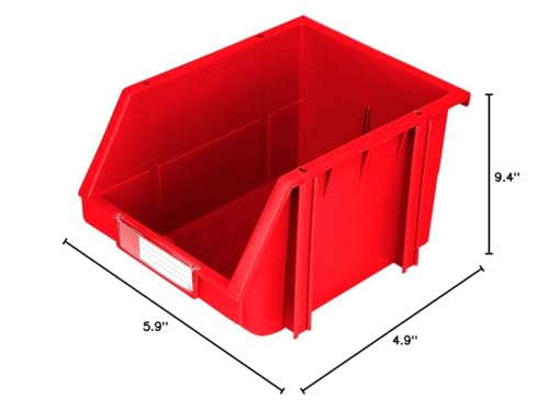 DJC Supply Red Medium 5.9" X 9.4" X 4.9" Heavy duty thermoplastic storage bin organizer, Stackable, Hangable, Side-connect, Used in classrooms, garages, warehouse, factrories and more! (2 PACK)