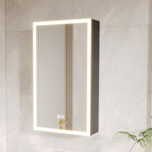 seenvlog bathroom medicine cabinet with lights, 15.7" x 27.5" led mirror cabinet, 3-color temp, black bathroom storage cabinet anti-fog, wall mount