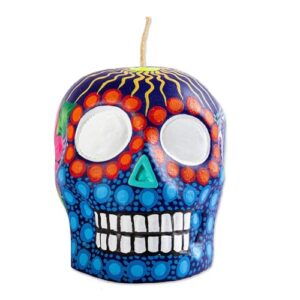 NOVICA Artisan Handmade Candle Painted Mexican Day of The Dead Purple Skull Multicolor Paraffin Mexico Lamps Lighting Candles Folk Art Floral [3.5in H x 3.5in W x 4.3in D] ' Colorful Purple Skull'