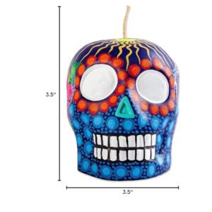 NOVICA Artisan Handmade Candle Painted Mexican Day of The Dead Purple Skull Multicolor Paraffin Mexico Lamps Lighting Candles Folk Art Floral [3.5in H x 3.5in W x 4.3in D] ' Colorful Purple Skull'