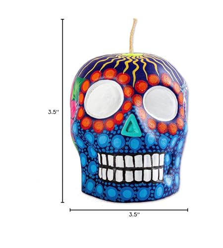 NOVICA Artisan Handmade Candle Painted Mexican Day of The Dead Purple Skull Multicolor Paraffin Mexico Lamps Lighting Candles Folk Art Floral [3.5in H x 3.5in W x 4.3in D] ' Colorful Purple Skull'