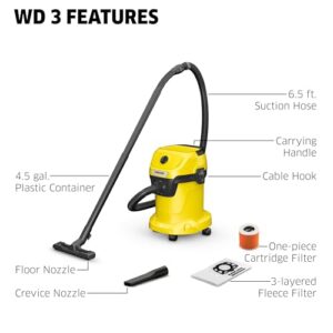 Kärcher - WD 3 Multi-Purpose Wet-Dry Shop Vacuum Cleaner - 4.5 Gallon - With Attachments – Blower Feature, Compact Space-Saving Design - 1000W,Yellow