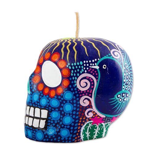 NOVICA Artisan Handmade Candle Painted Mexican Day of The Dead Purple Skull Multicolor Paraffin Mexico Lamps Lighting Candles Folk Art Floral [3.5in H x 3.5in W x 4.3in D] ' Colorful Purple Skull'