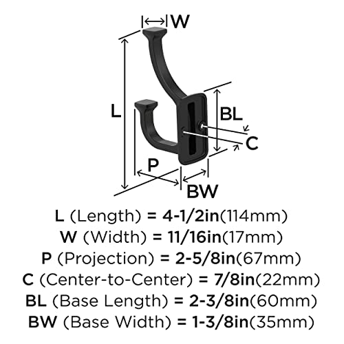 Amerock H37007MB | Alder Double Prong Decorative Wall Hook | Matte Black Hook for Coats, Hats, Backpacks, Bags | Hooks for Bathroom, Bedroom, Closet, Entryway, Laundry Room, Office