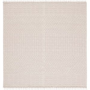 SAFAVIEH Natura Collection 4' Square Ivory NAT852B Handmade Moroccan Boho Fringe Wool Area Rug