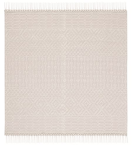 SAFAVIEH Natura Collection 4' Square Ivory NAT852B Handmade Moroccan Boho Fringe Wool Area Rug