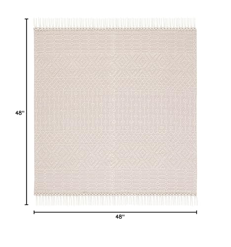 SAFAVIEH Natura Collection 4' Square Ivory NAT852B Handmade Moroccan Boho Fringe Wool Area Rug