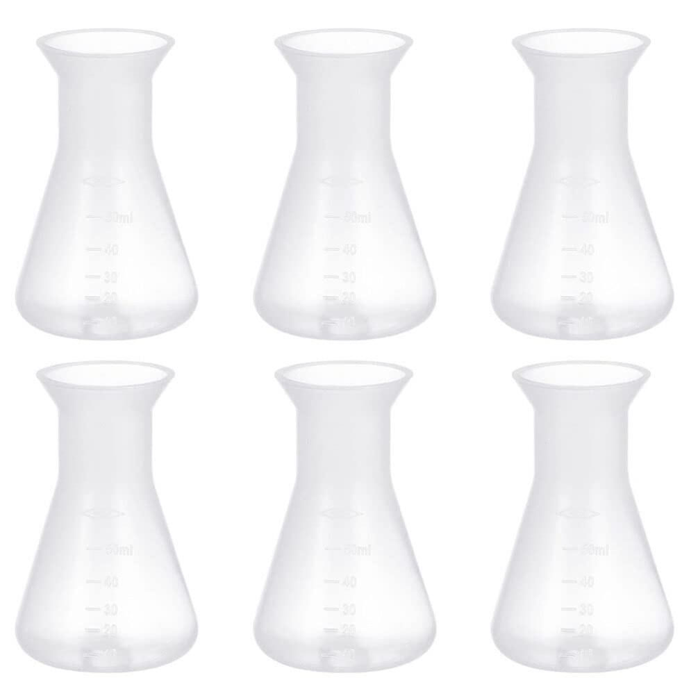 ULTECHNOVO Erlenmeyer Flask - 6pcs Plastic Conical Flask Clear Scale, 50ml Conical Flask for Lab Chemistry Students Educational Learning