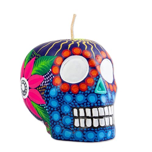 NOVICA Artisan Handmade Candle Painted Mexican Day of The Dead Purple Skull Multicolor Paraffin Mexico Lamps Lighting Candles Folk Art Floral [3.5in H x 3.5in W x 4.3in D] ' Colorful Purple Skull'