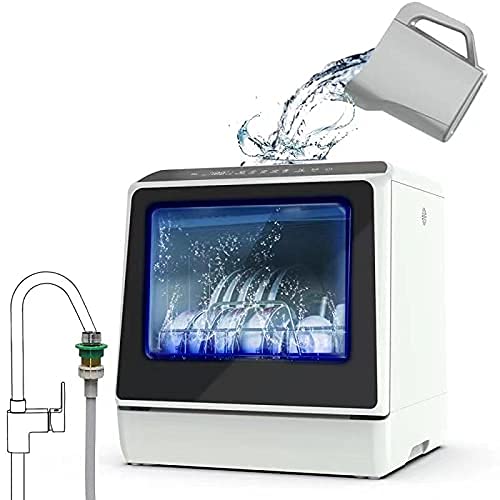 Portable Countertop Dishwasher, 5 Washing Programs, 3D Cyclone Spray, Built-in 3-Cups Water Tank, Vegetable and Fruit Cleaning with Basket,High Temperature, Air Drying Lights, Faucet Adapter Included