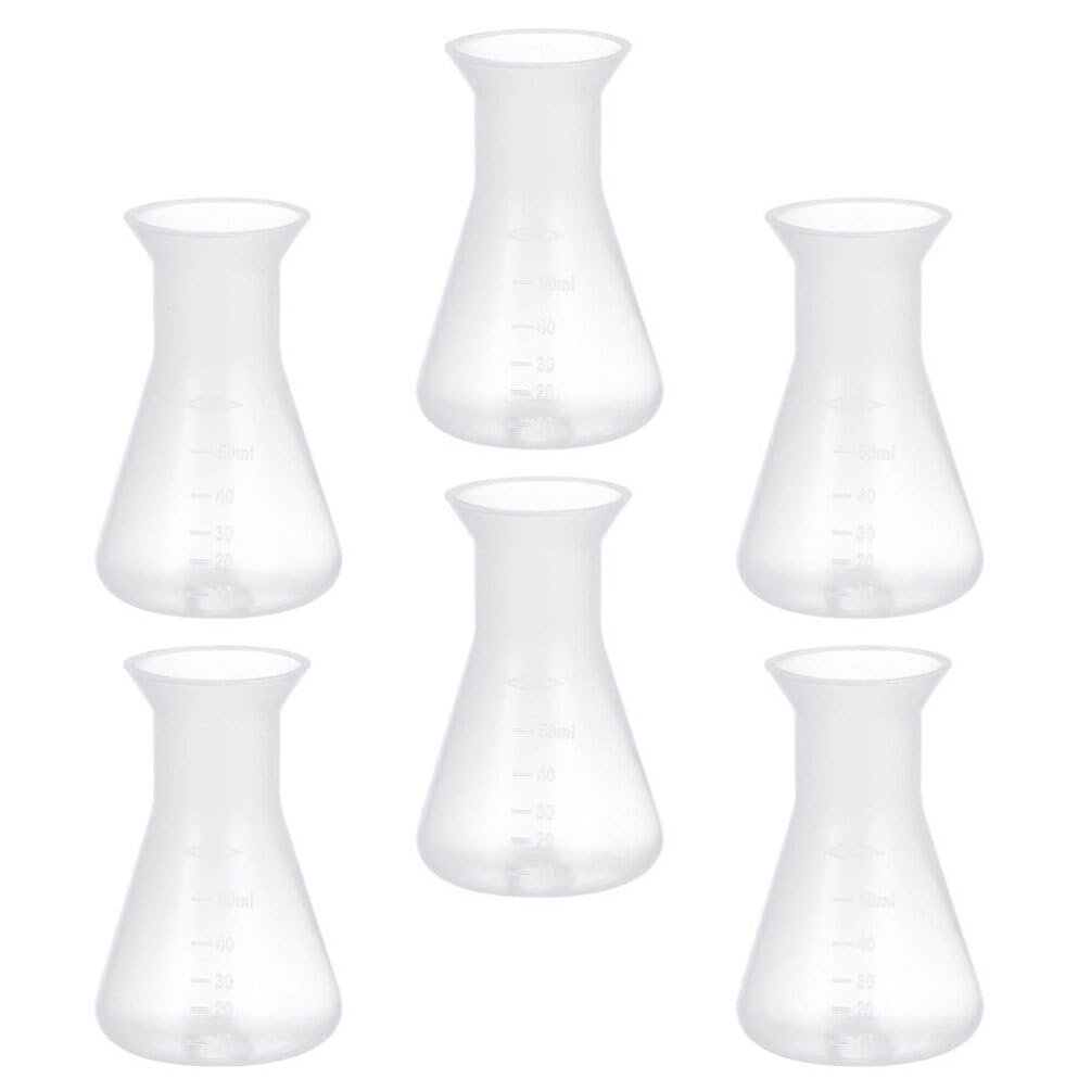 ULTECHNOVO Erlenmeyer Flask - 6pcs Plastic Conical Flask Clear Scale, 50ml Conical Flask for Lab Chemistry Students Educational Learning