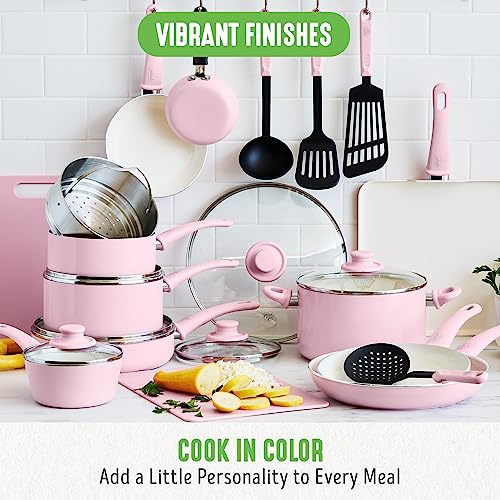 GreenLife Soft Grip Healthy Ceramic Nonstick 23 Piece Kitchen Cookware Pots and Frying Sauce Saute Pans Set with Kitchen Utensils, PFAS-Free, Dishwasher Safe, Pink