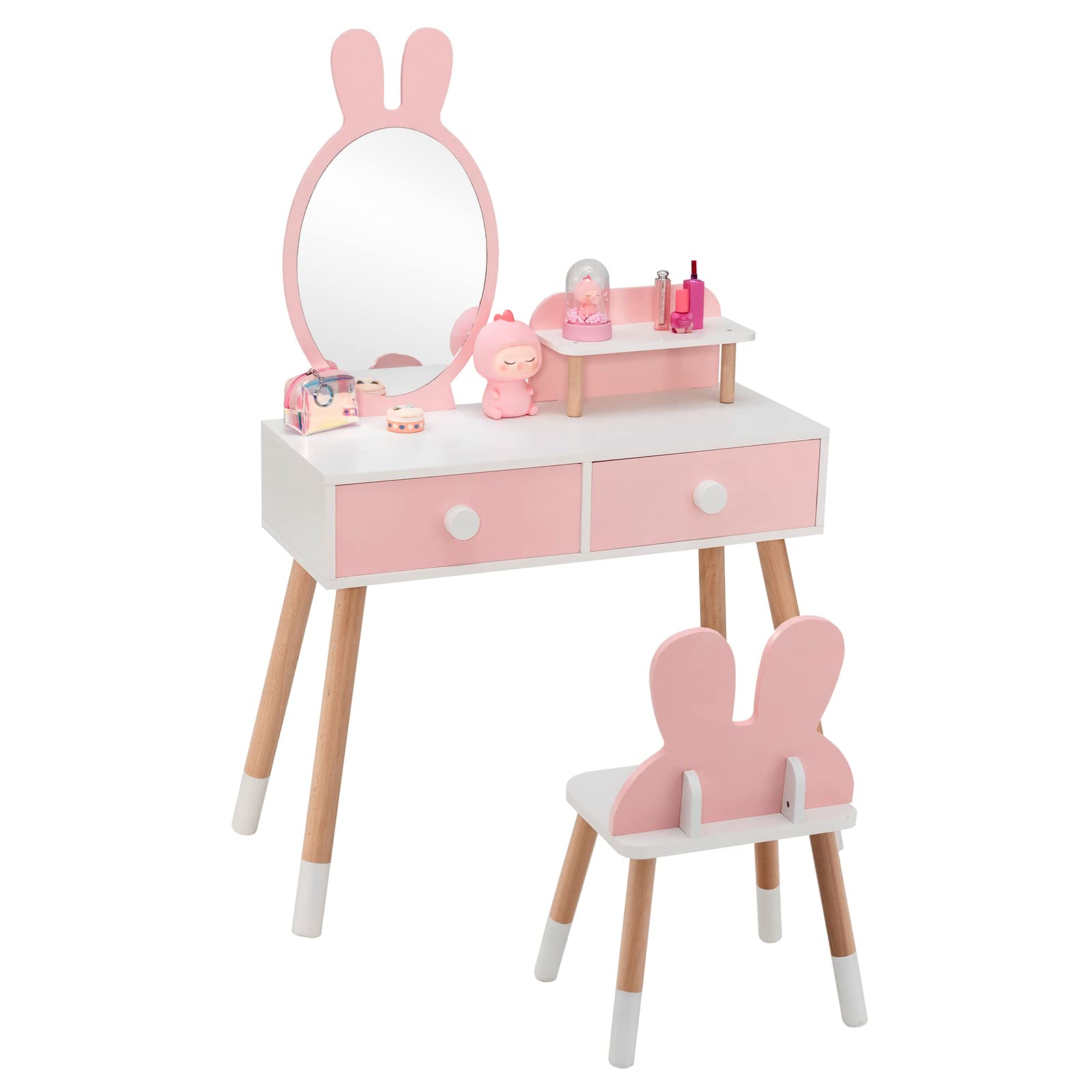 GLACER Kids Vanity Table and Chair Set, Vanity Set with Chair, Removable Mirror, 2 Large Drawers, Storage Shelf and Beech Wood Legs for Girls, Makeup Dressing Table and Chair for Toddlers, Pink