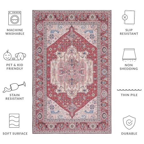 SAFAVIEH Tucson Collection Area Rug - 5' x 8', Red & Pink, Persian Design, Non-Shedding Machine Washable & Slip Resistant Ideal for High Traffic Areas in Living Room, Bedroom (TSN139R)