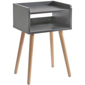 ibuyke nightstand, mid-century modern bedside table with solid wood legs, minimalist and practical end side table with open storage shelf, for living room/bedroom/office, grey uwns003g