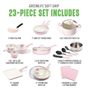 GreenLife Soft Grip Healthy Ceramic Nonstick 23 Piece Kitchen Cookware Pots and Frying Sauce Saute Pans Set with Kitchen Utensils, PFAS-Free, Dishwasher Safe, Pink