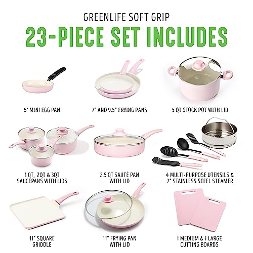 GreenLife Soft Grip Healthy Ceramic Nonstick 23 Piece Kitchen Cookware Pots and Frying Sauce Saute Pans Set with Kitchen Utensils, PFAS-Free, Dishwasher Safe, Pink