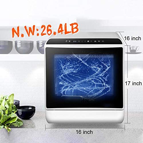 Portable Countertop Dishwasher, 5 Washing Programs, 3D Cyclone Spray, Built-in 3-Cups Water Tank, Vegetable and Fruit Cleaning with Basket,High Temperature, Air Drying Lights, Faucet Adapter Included