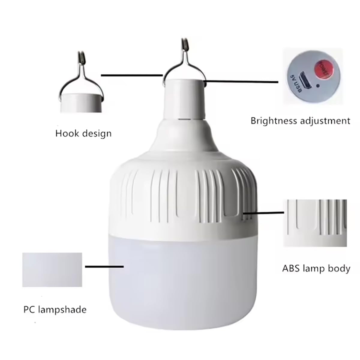 Multi-Functional Emergency LED Light Bulb with USB Charging, Capable to Recharge Mobile Devices , Ideal for Power Outage, Tent Camping, Fishing (WHITE-LED-100W)