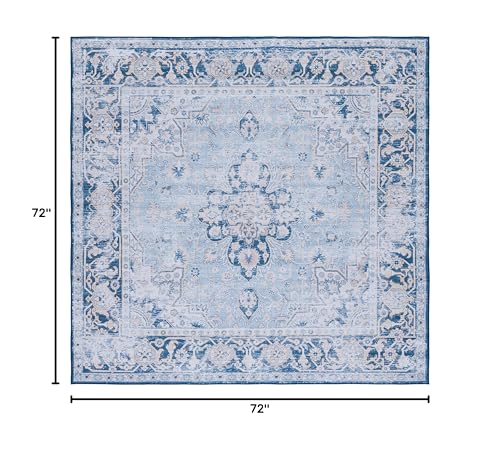 SAFAVIEH Tucson Collection Area Rug - 6' Square, Light Blue & Navy, Persian Design, Non-Shedding Machine Washable & Slip Resistant Ideal for High Traffic Areas in Living Room, Bedroom (TSN147M)