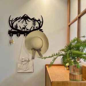 SCITOY Deer Key Hooks, Animal Theme Wall Mount Organizer, Wooden Key Holder with 5 Metal Hooks,19 * 29 * 3cm Black Home Decoration for Storage, Living Room, Hallway, Office