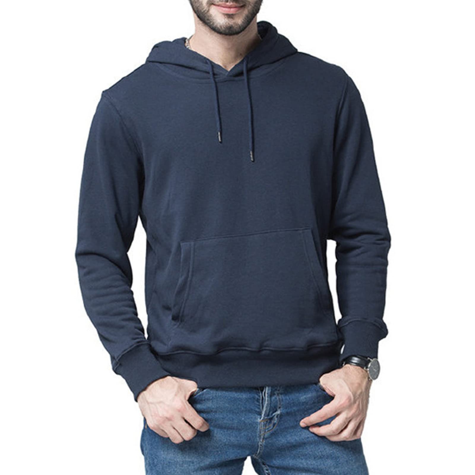 Maiyifu-GJ Men's Solid Athletic Hooded Sweatshirt Casual Long Sleeve Pullover Hoodie Comfy Sports Hoodies with Kanga Pocket (Dark Blue,Small)