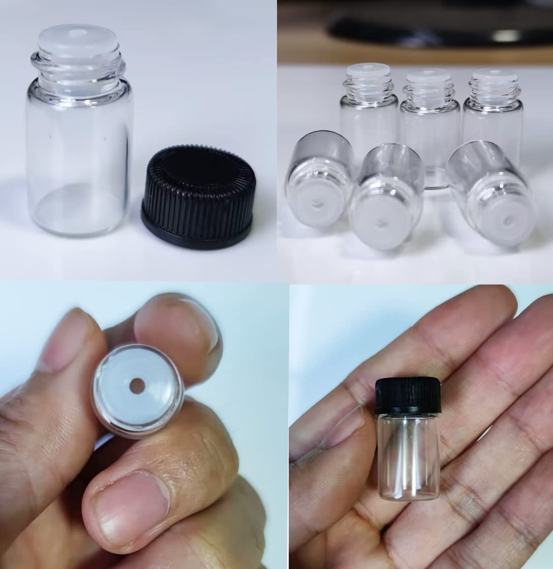 ELFENSTALL- 50pcs 2ml Empty Mini Clear Glass Bottles Container Jars Small Samples Vial with Orifice Reducer and Black Caps for Chemistry Lab Essential Oil Perfume DIY Sample Liquid