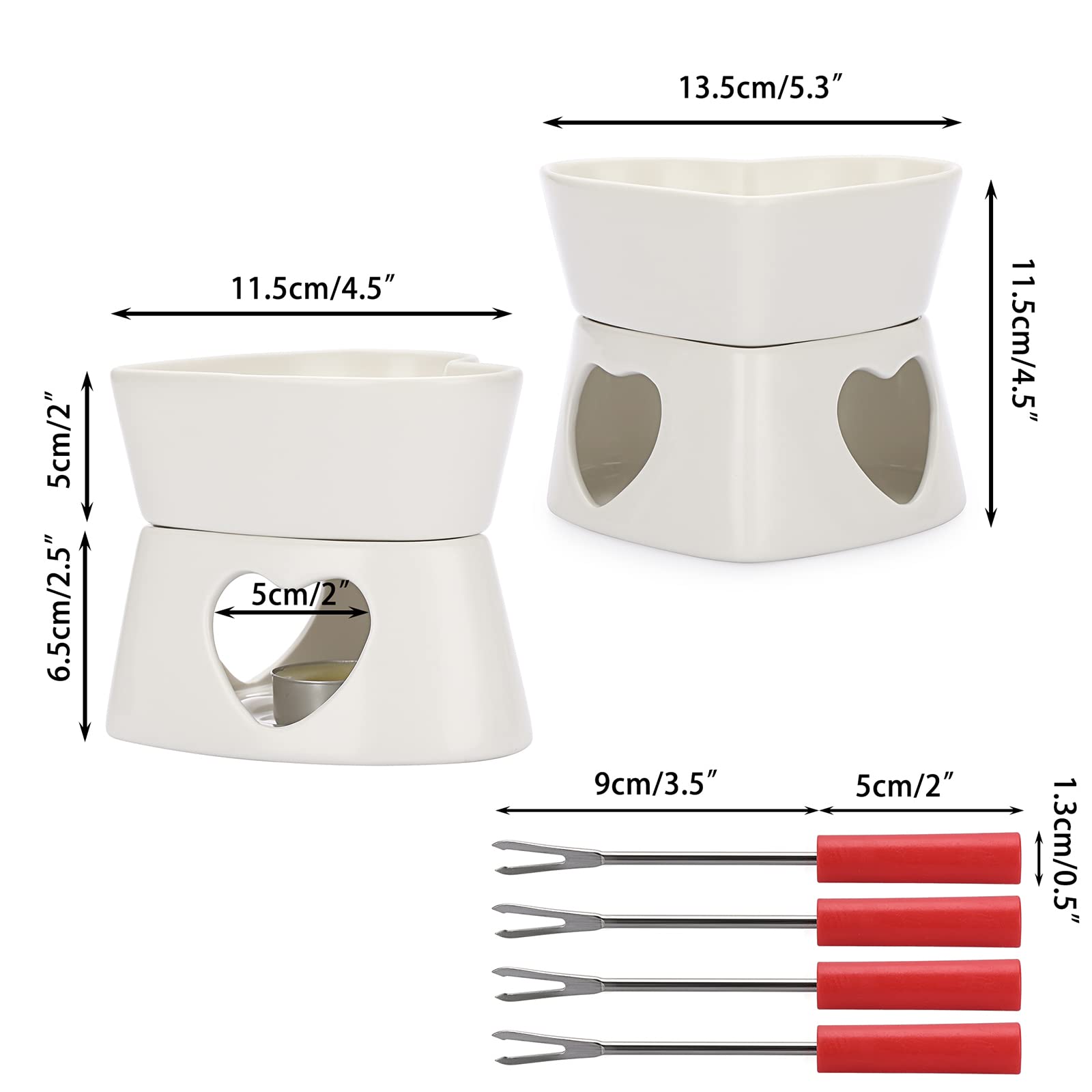 BSTKEY White Ceramic Butter Warmer Set, Heart Shaped Fondue Pot Melting Pot Set, Melt Hot Pot Bowl Set for Cheese Chocolate Butter Caramel, with 4 Forks