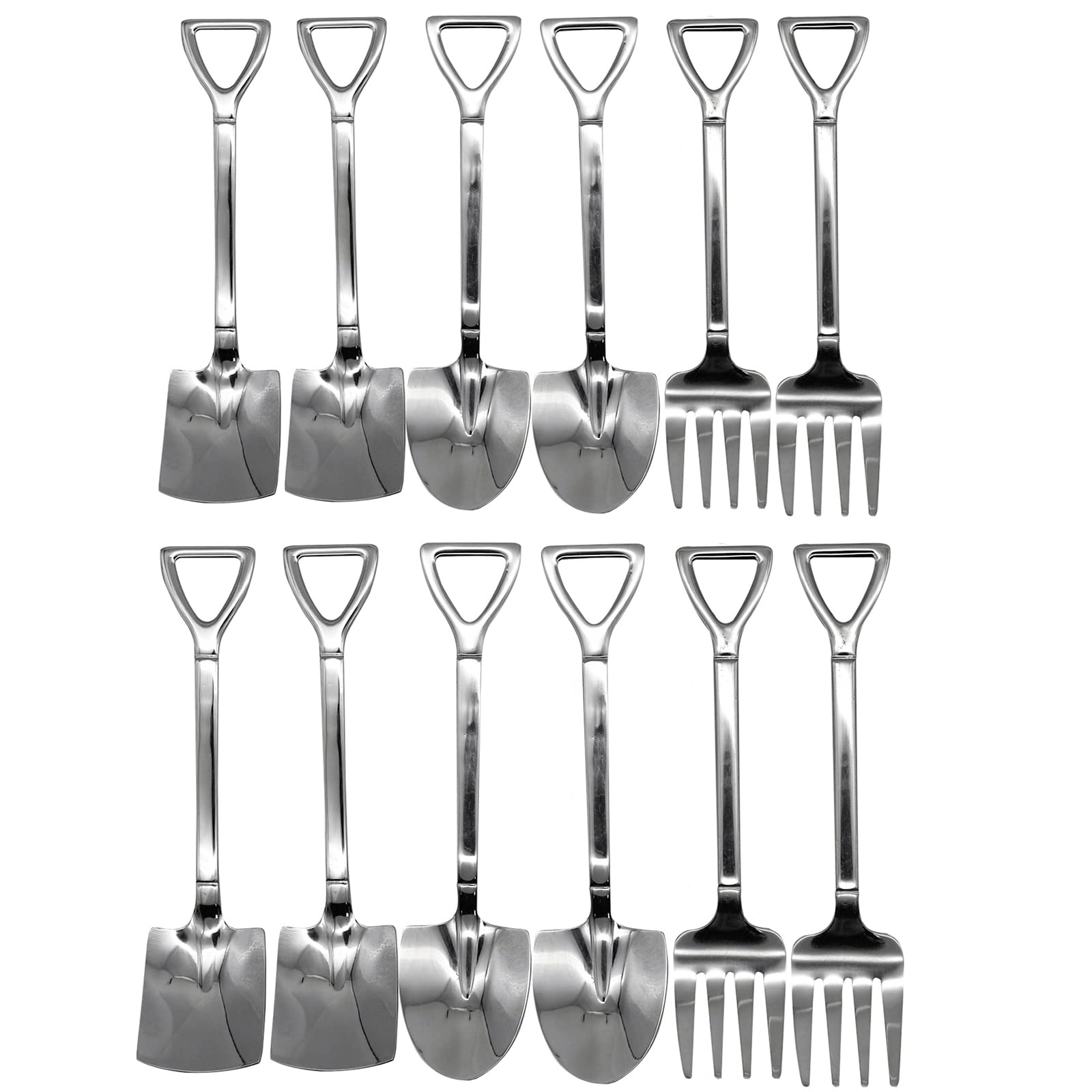 Pinenjoy 12Pcs Shovel Spoons and Fork Set 18/10(304) Stainless Steel Spade Shape Silverware Set 6.1inch Mini Spoon for Dessert Coffee Yogurt Cake Fruit Ice Cream