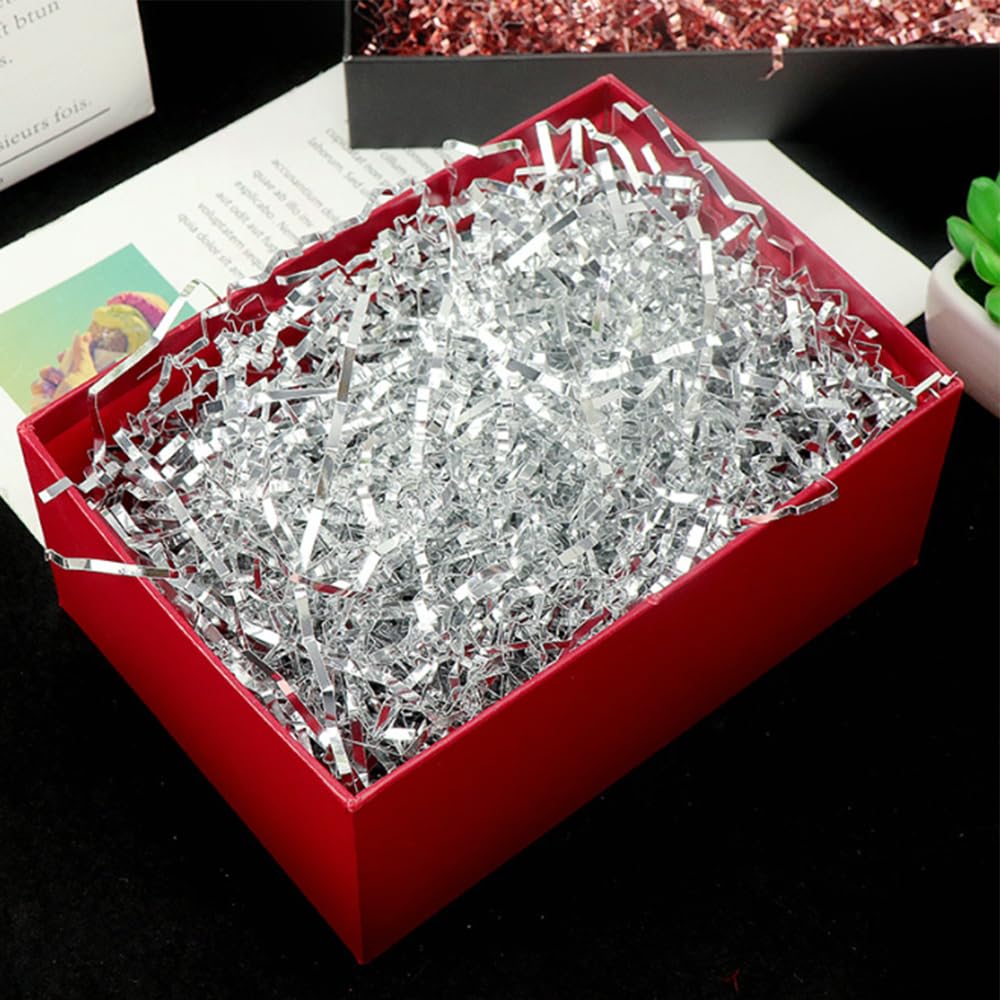 Keoferlo Gift Box Filler 1/2 LB Crinkle Cut Paper Baskets Stuffing Christmas Shredded Metallic Silver Paper Grass for Packing Shipping Boxes Birthday Decorations Wrappings (Metallic Silver)