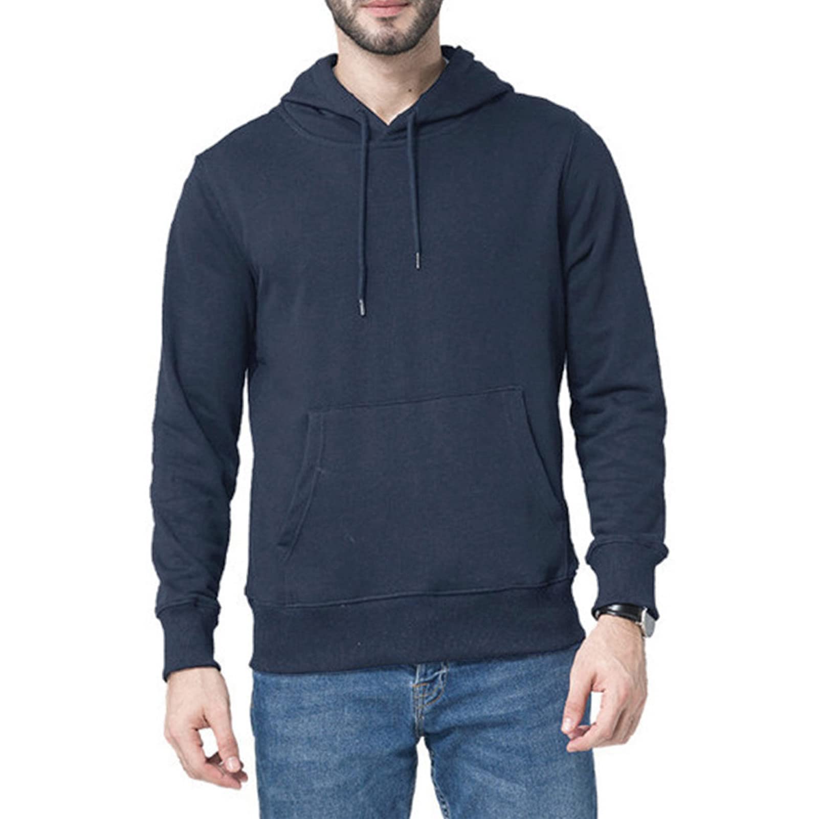 Maiyifu-GJ Men's Solid Athletic Hooded Sweatshirt Casual Long Sleeve Pullover Hoodie Comfy Sports Hoodies with Kanga Pocket (Dark Blue,Small)