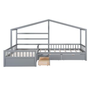 House Bed Double Twin Beds, Wood L-Shaped 2 Twin Platform Beds with 3 Storage Drawers,Montessori Bed with Roof ,Fence and Slatted Design, Corner Playhouse Bed Frame for Kids Girls Boys ,Grey