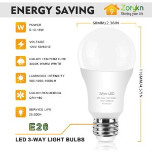 Zorykn 3 Way Light Bulbs 50 100 150 Warm White, A19 3000K, 5/10/15W Energy Saving 500 1000 1500 Lumens, E26 Base LED Bulbs Perfect for Reading, 2 Pack