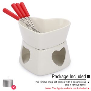 BSTKEY White Ceramic Butter Warmer Set, Heart Shaped Fondue Pot Melting Pot Set, Melt Hot Pot Bowl Set for Cheese Chocolate Butter Caramel, with 4 Forks