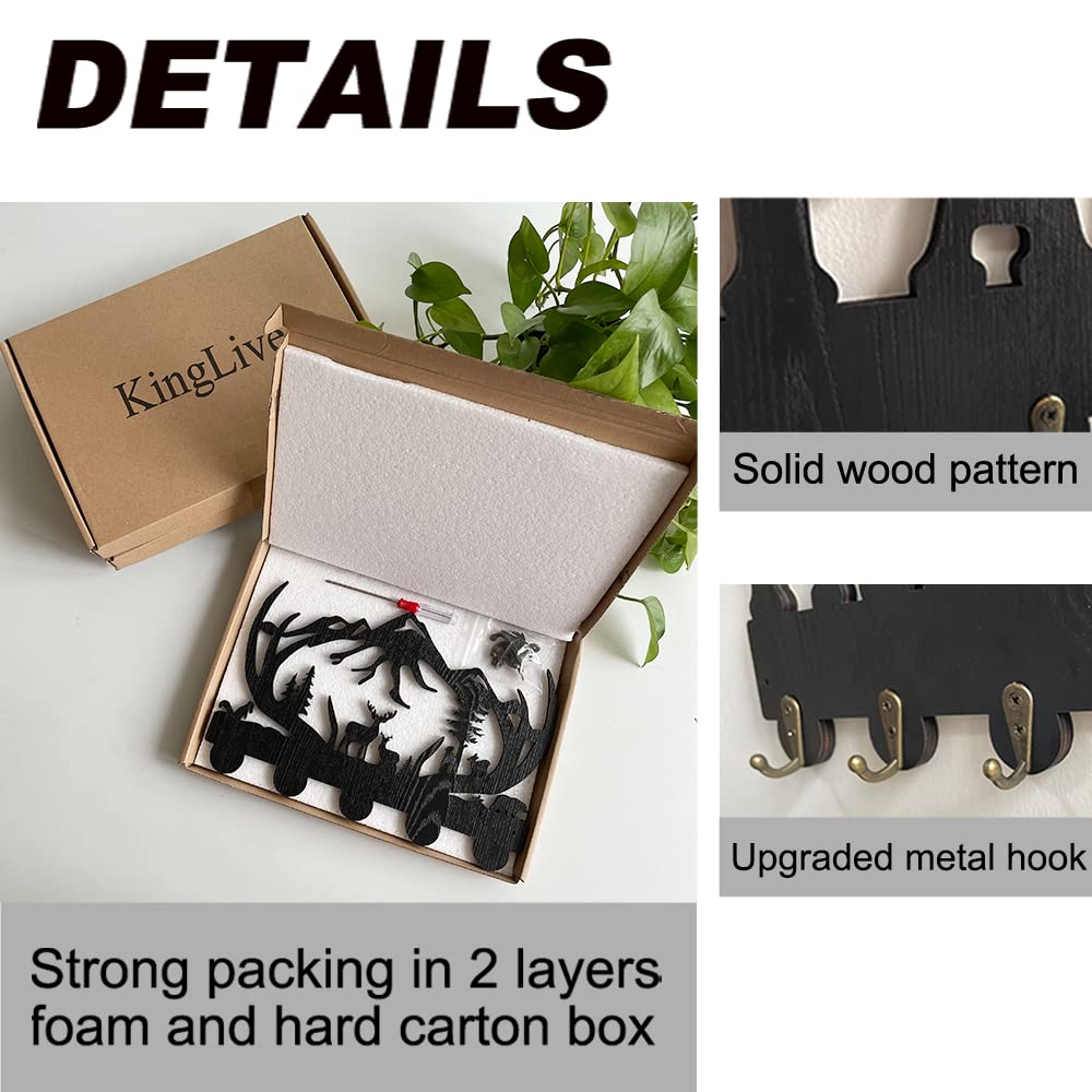 SCITOY Deer Key Hooks, Animal Theme Wall Mount Organizer, Wooden Key Holder with 5 Metal Hooks,19 * 29 * 3cm Black Home Decoration for Storage, Living Room, Hallway, Office