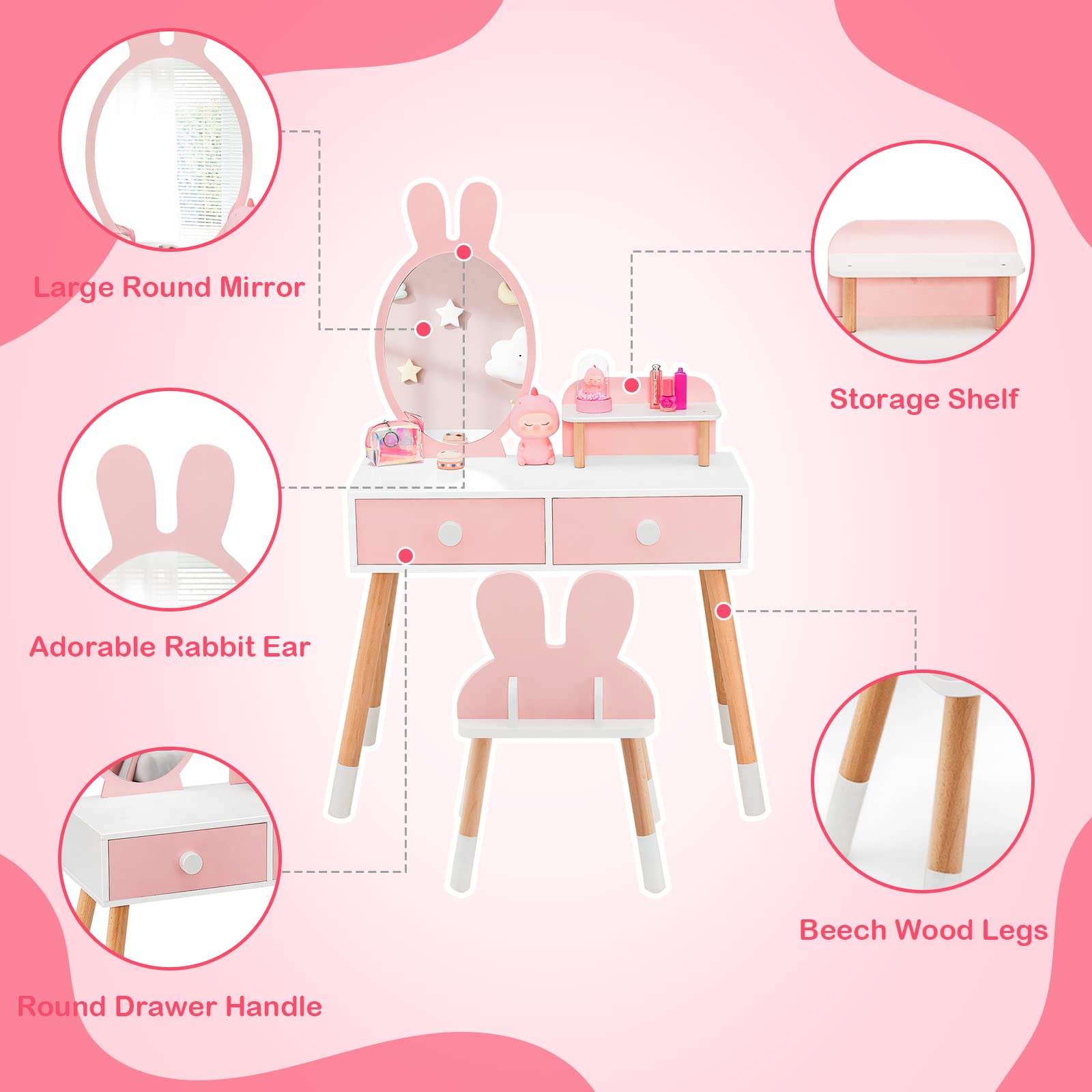 GLACER Kids Vanity Table and Chair Set, Vanity Set with Chair, Removable Mirror, 2 Large Drawers, Storage Shelf and Beech Wood Legs for Girls, Makeup Dressing Table and Chair for Toddlers, Pink