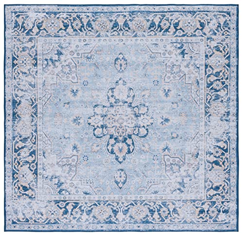 SAFAVIEH Tucson Collection Area Rug - 6' Square, Light Blue & Navy, Persian Design, Non-Shedding Machine Washable & Slip Resistant Ideal for High Traffic Areas in Living Room, Bedroom (TSN147M)