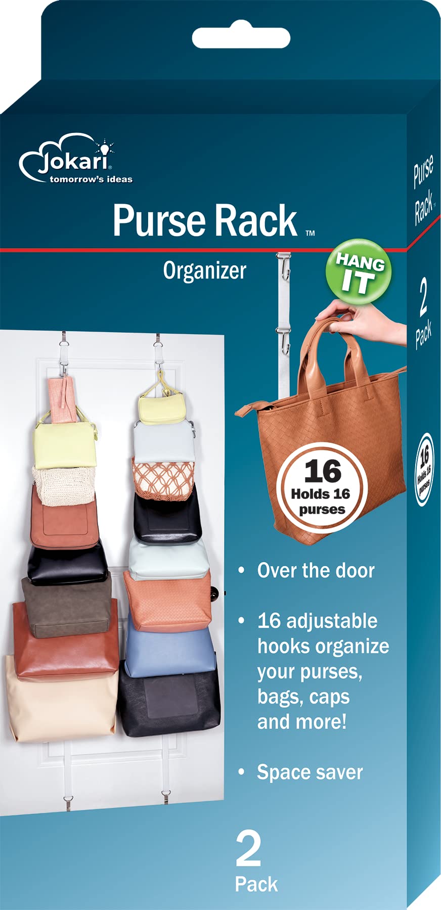 Jokari Heavy Duty 16 Hook Over The Door Purse Rack for Hats and Accessories. Adjustable Straps and Movable Velcro Hooks To Store, Organize and Display Bags, Scarves or Caps Saving Closet Storage Space