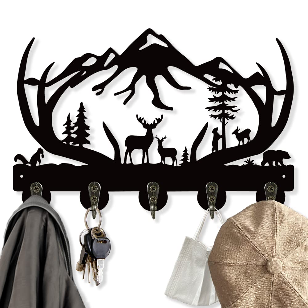 SCITOY Deer Key Hooks, Animal Theme Wall Mount Organizer, Wooden Key Holder with 5 Metal Hooks,19 * 29 * 3cm Black Home Decoration for Storage, Living Room, Hallway, Office