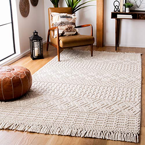 SAFAVIEH Natura Collection 4' Square Ivory NAT852B Handmade Moroccan Boho Fringe Wool Area Rug