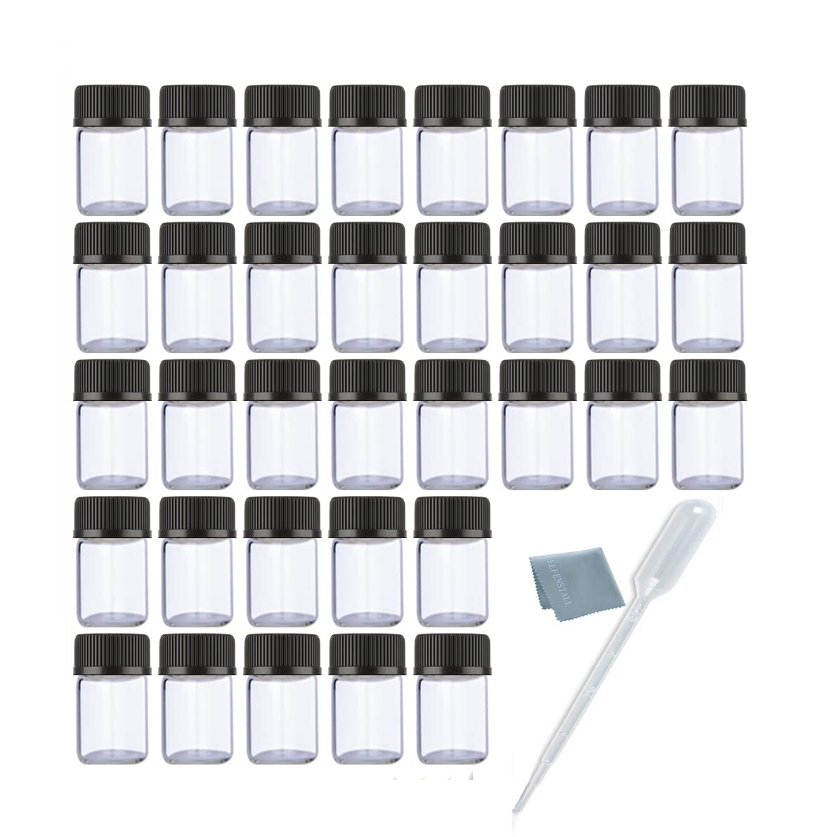 ELFENSTALL- 50pcs 2ml Empty Mini Clear Glass Bottles Container Jars Small Samples Vial with Orifice Reducer and Black Caps for Chemistry Lab Essential Oil Perfume DIY Sample Liquid